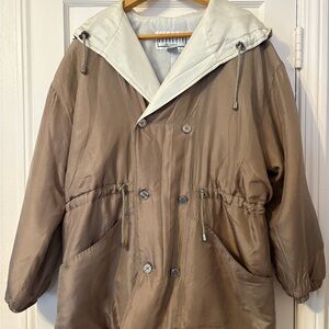 BB Dakota Beige and Cream Hooded Puffer Jacket 100% silk shell